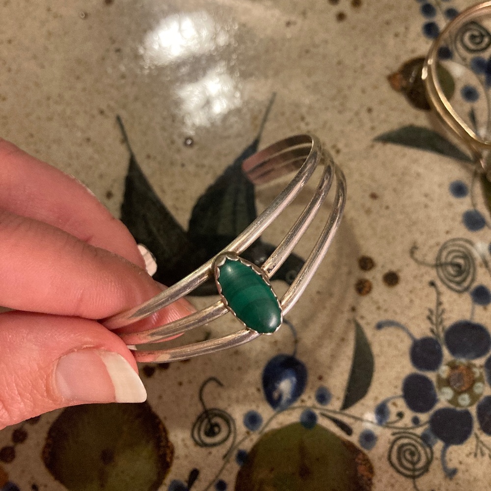 Pair Malachite shell Crystal stone Alpaca Silver bracelet Cuff - Picture 3 of 13